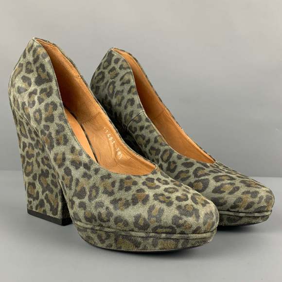 DRIES VAN NOTEN Moss Brown Suede Animal Print Platform Pumps - Picture 2 of 9
